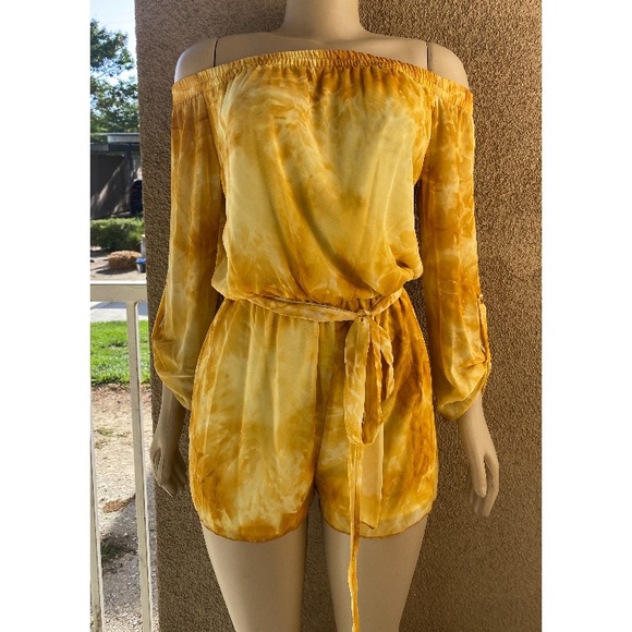 NEW! Yellow Tie Dye Off Shoulder Romper S Left - Picture 4 of 9